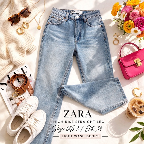Zara Denim - Zara High Rise Straight Leg Jeans Light Wash Size US 2 EUR 34